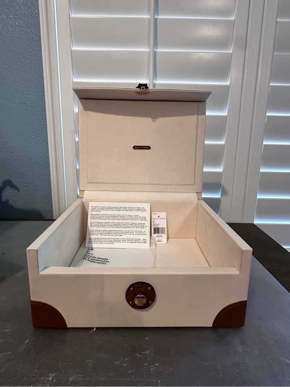 Ralph Lauren Ryan Box Cream and Brown Jewelry Storage Box with Leather Accents